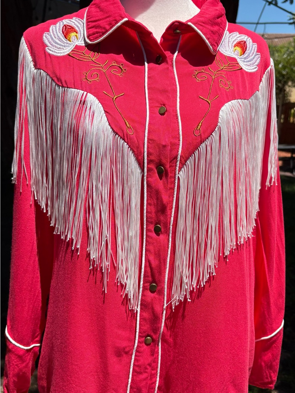 John Moon Texas Pink Fringe Embroidered Western Button Shirt L